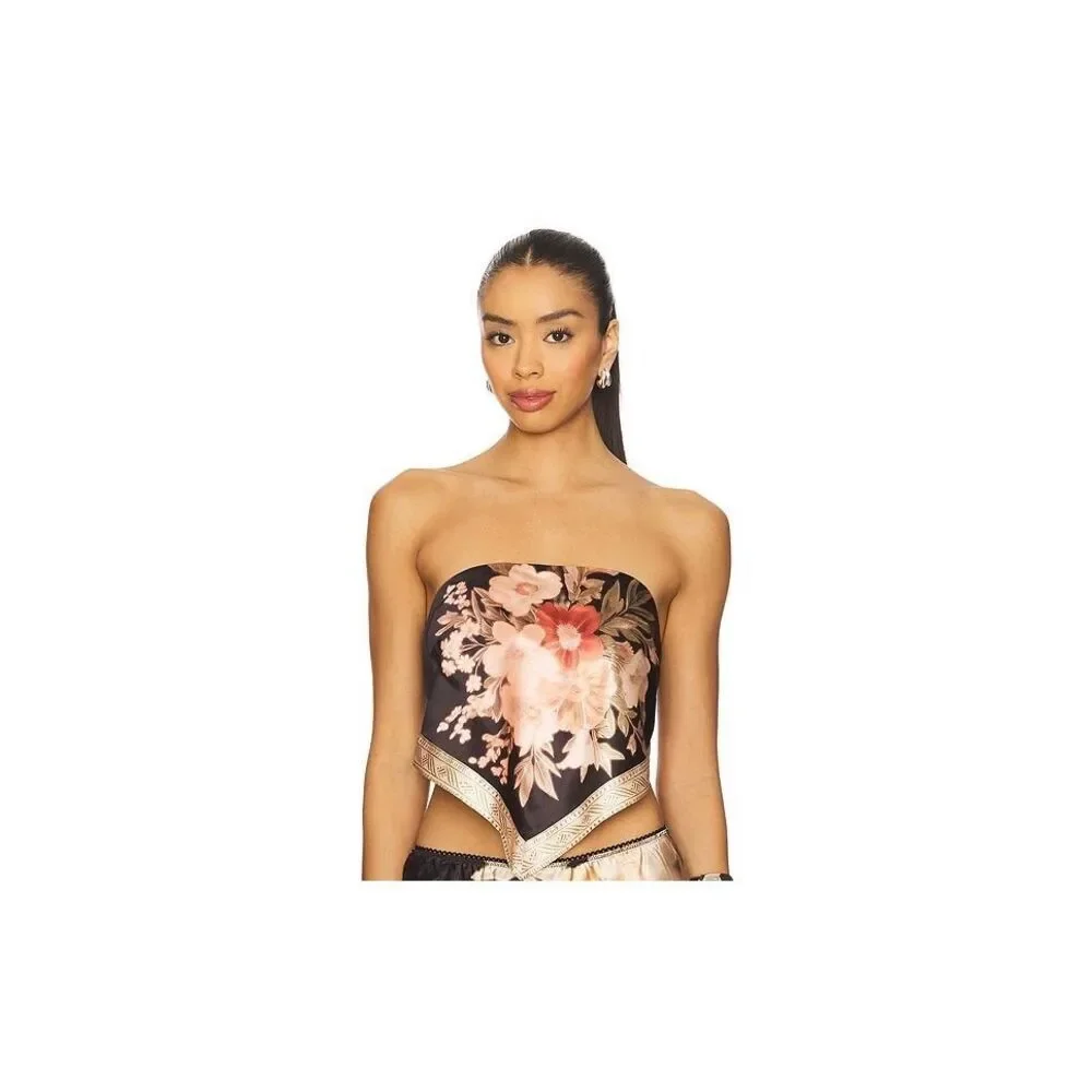 NWT Free People Strapless Floral Satin Top XL Bandana Hem Boho Festival Rare Fin
